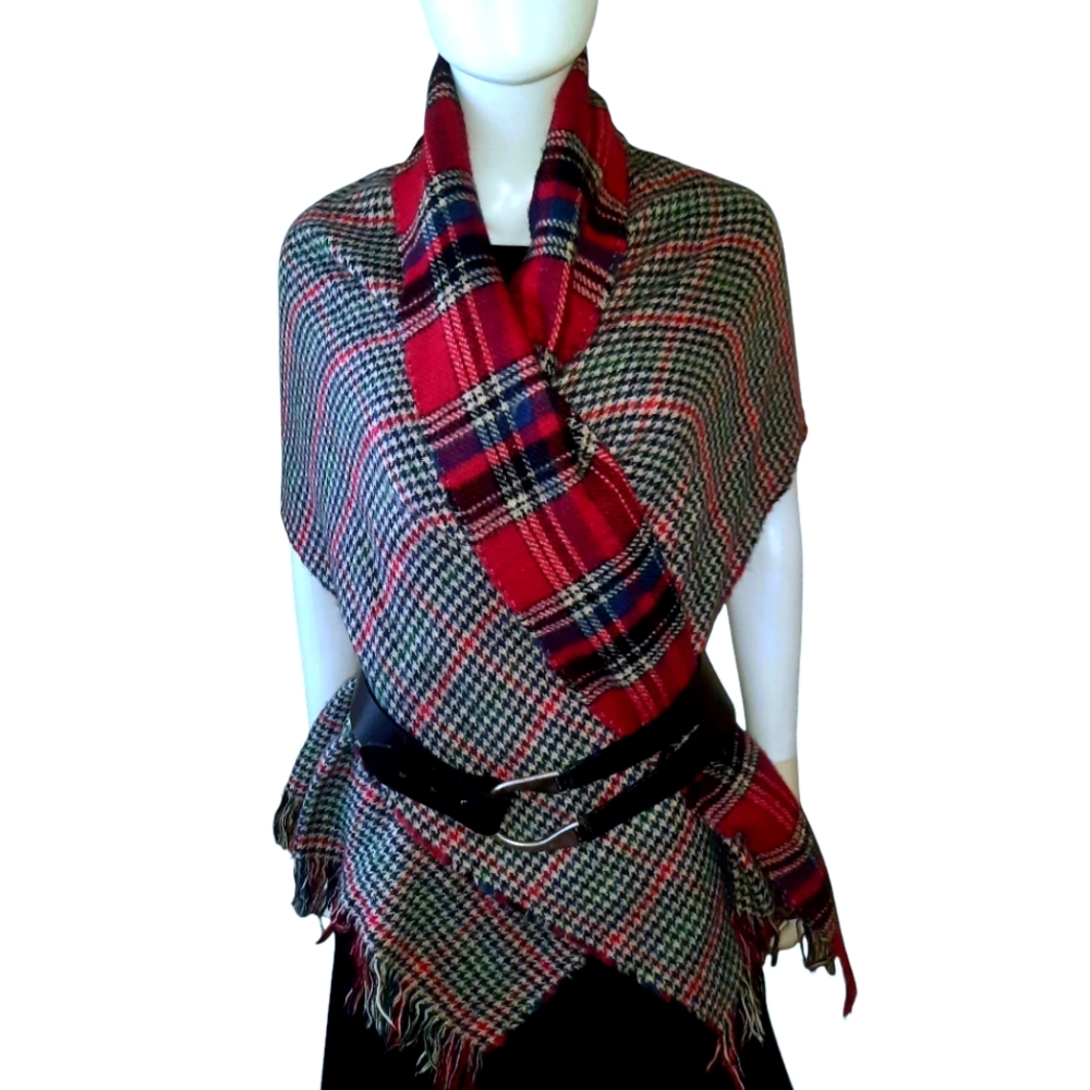 Large Blanket Scarf Reversible Houndstooth Plaid w/Fringe Red/Navy/Off-White